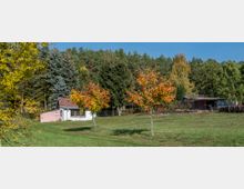 Kleines Haus mit rotem Ziegeldach und weißer Fassade steht auf einer grünen Wiese vor einem dichten Wald, umgeben von Bäumen mit herbstlich gefärbtem Laub. Im Hintergrund sind eine Holzhütte und weitere Vegetation sichtbar.