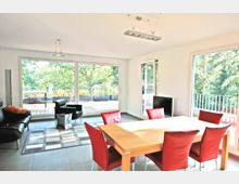 Helles Wohnzimmer mit großen Fensterfronten, die auf eine Holzterrasse mit Pflanzenkübeln und Blick ins Grüne führen. Im Raum stehen ein Esstisch mit roten Stühlen, ein Teppich, schwarze Sessel und ein Sofa.