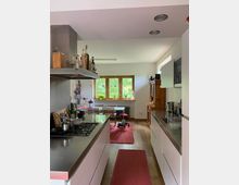 Moderne Küche mit weißen Schränken, Edelstahl-Arbeitsflächen und einem Gasherd mit Dunstabzugshaube. Im Hintergrund befindet sich ein Essbereich mit Holzfenstern, einem Tisch und Stühlen sowie einem roten Teppich auf Holzboden.