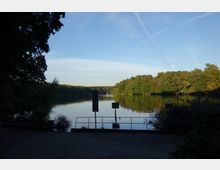 Seeufer mit Blick auf einen ruhigen See, der von dichten, grünen Bäumen umgeben ist. Im Vordergrund befinden sich Geländer und Schilder, während der Himmel klar und blau ist.