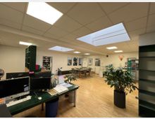 Ein modernes Büro mit offener Raumaufteilung, ausgestattet mit mehreren Schreibtischen, Computern und Regalen. Der Raum hat große Deckenleuchten, Holzboden, Zimmerpflanzen und ein Besprechungsbereich im Hintergrund.