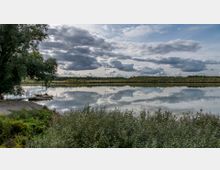 Ein stiller See mit einer spiegelglatten Wasseroberfläche, die den Himmel mit dichten Wolken reflektiert. Im Vordergrund befinden sich Büsche und Schilf, links ein Steg mit einem kleinen Boot, im Hintergrund ein bewaldetes Ufer.