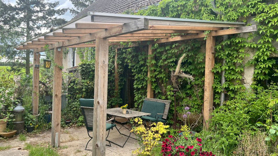 Holzpergola mit transparentem Dach an einem mit Efeu bewachsenen Haus. Darunter befinden sich ein Tisch mit Stühlen und umgebende Pflanzkübel mit bunten Blumen; im Hintergrund sind Bäume und dichtes Grün zu sehen.
