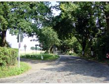 Kreuzung einer gepflasterten Landstraße mit einer schmalen, unbefestigten Straße, umgeben von dichten Baumreihen und Hecken. Verkehrsschilder wie "Durchfahrt verboten" und "Achtung Gefahrenstelle" sind sichtbar, im Hintergrund liegen Felder.