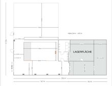 Grundrisszeichnung einer Hallen- oder Lagerfläche mit Maßangaben, Türen und abgetrennten Bereichen. Rechts ist ein großer, grau markierter Bereich mit der Beschriftung „LAGERFLÄCHE“, dazu ist eine Raumhöhe von 3,4 bis 4,15 m angegeben.