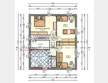 Grundriss eines Obergeschosses mit drei Zimmern (Schlafen/Ankleide und zwei Kinderzimmer), einem Flur, einem Komfortbad und einer Treppe. Maße und Abmessungen sind detailliert angegeben, die Räume enthalten symbolische Möbelanordnungen.