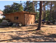 Holzschuppen in einer lichten Waldumgebung, umgeben von Kiefern und etwas Gerümpel wie Leitern, Planen und Anhängern. Im Hintergrund sind Bäume und ein Teil eines Hauses sichtbar.