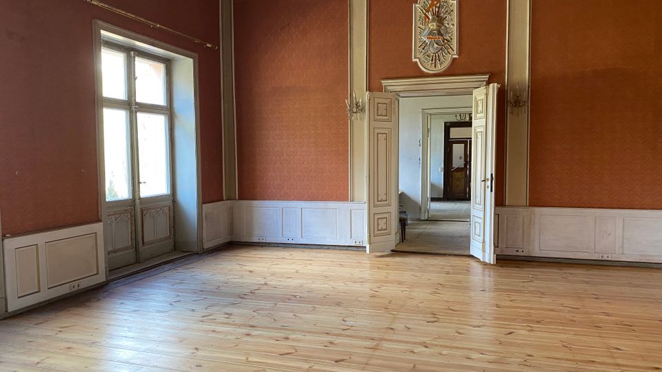Großer, leerer Saal mit breitem Holzdielenboden, rot gemusterten Wänden und weißer Holzvertäfelung sowie Stuckfries unter der Decke. Links ein hohes Fenster, rechts eine doppelflügelige Tür mit Wappen darüber, die in eine Flucht weiterer Räume führt; ein Kronleuchter hängt von der Decke.