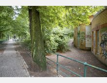 Ein gepflasterter Weg mit einem grünen Metallgeländer verläuft links, flankiert von Bäumen. Rechts steht ein gelb geklinkertes Gebäude mit Graffiti, daneben führt ein unbefestigter Pfad in ein bewachsenes Gebiet.