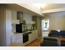 Moderne Wohnung mit einem offenen Wohn- und Küchenbereich. Auf der linken Seite befindet sich eine Einbauküche mit weißen Schränken, Herd und Dunstabzugshaube, während der rechte Bereich ein Wohnzimmer mit grauen Polstermöbeln und einem Holztisch zeigt; im Hintergrund ist ein heller Raum mit einem Fenster und einer Zimmerpflanze sichtbar.