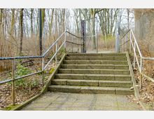 Eine Außentreppe aus Beton mit Metallgeländern führt zu einem offenen Drahtzauntor. Im Hintergrund ist ein Waldgebiet mit kahlen Bäumen und Sträuchern zu sehen.