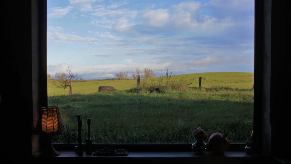 Blick aus einem Fenster auf eine weitläufige grüne Wiese mit wenigen Bäumen und einem Zaun im Hintergrund unter einem blauen Himmel mit vereinzelten Wolken. Auf der Fensterbank stehen eine Lampe mit Schirm, Kerzenhalter und Dekorationsobjekte.