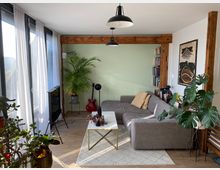 Ein gemütliches Wohnzimmer mit großer Fensterfront und weißem Vorhang, einer grauen Eckcouch, einem Couchtisch mit goldfarbenem Gestell und grünem Teppich. Im Raum stehen Zimmerpflanzen, eine rote E-Gitarre, Bücherregale und Wandkunst; die Wände sind teils grün gestrichen und durch Holzbalken akzentuiert.