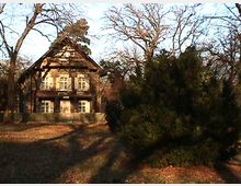 Historisches Fachwerkhaus mit steilem Dach und holzverzierten Fenstern, umgeben von Bäumen in einer herbstlichen Parklandschaft. Im Vordergrund ist ein großer Busch zu sehen, der teilweise den Blick auf das Haus verdeckt.