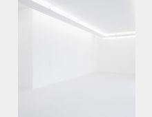 Ein leerer, vollständig weißer Raum mit glatten Wänden und Boden; die Decke ist mit leuchtenden, linearen Lichtleisten versehen. Die minimalistische Gestaltung vermittelt ein neutrales, modernes Ambiente.