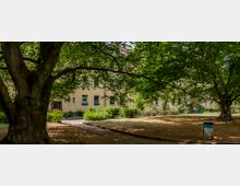 Hof mit großen, schattenspendenden Bäumen und gepflegten Grünflächen, im Hintergrund ein mehrstöckiges Gebäude mit gelb verputzter Fassade und mehreren Fenstern. Ein schmaler Weg führt durch den Hof, rechts vorne steht ein Abfalleimer.