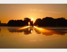 Sonnenaufgang über einem ruhigen See, umgeben von Baumreihen, deren Silhouetten sich im Wasser spiegeln. Goldene Lichtstrahlen und leichter Dunst ziehen über die Wasseroberfläche und verleihen der Szenerie eine warme Atmosphäre.