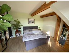 Schlafzimmer mit Holzboden, einem grauen gepolsterten Bett und einer mintgrünen Wand mit schwarzem gerahmtem Bild. Sichtbare Holzträger an der Decke, Zimmerpflanzen auf einem Nachttisch und ein großer Spiegel lehnend an der Wand.