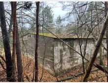 Ein verlassenes Betongebäude mit einem flachen, moosbedeckten Dach, umgeben von kahlen Bäumen und Nadelbäumen in einer bewaldeten Umgebung. Der Boden ist mit Laub bedeckt, und die Szene zeigt eine herbstliche oder winterliche Atmosphäre.