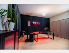 Ein moderner Raum mit Holzfußboden, einem schwarzen Wandhintergrund und einer minimalistischen Einrichtung. Im Fokus steht ein DJ-Tisch mit Mischpult und Lautsprechern, umgeben von LED-Strahlern, die rotes Licht projizieren; im Hintergrund sind Pflanzen und ein Schrank zu sehen.