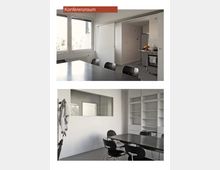 Zwei Ansichten eines modernen Konferenzraums mit weißen Wänden, großen Fenstern und einem langen Tisch mit schwarzen Stühlen. Im Hintergrund sind ein offener Küchenbereich, Regalsysteme und Garderobenhaken sichtbar.