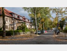 Ruhige Wohnstraße mit gepflastertem Gehweg und Reihenhäusern mit roten Dächern auf der linken Seite. Große Bäume säumen die Straße, während parkende Autos auf beiden Seiten stehen; die Szenerie ist herbstlich mit fallendem Laub.