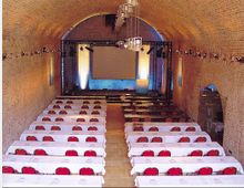 Ein länglicher Veranstaltungsraum mit gewölbter Backsteindecke, einer Bühne mit Projektionsleinwand im Hintergrund und Reihen von Tischen und roten Stühlen, die symmetrisch in Richtung der Bühne angeordnet sind. Wandleuchten und moderne Hängeleuchten sorgen für Beleuchtung.