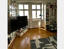 Helles Wohnzimmer mit großen, weiß gerahmten Fenstern und Parkettboden, neben einem Heizkörper unter der Fensterfront. An den Wänden stehen hohe Bücherregale, im Vordergrund ein Fernseher auf einem Stativ und ein gemusterter Teppich.