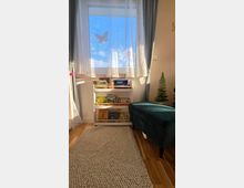 Helle Leseecke in einem Kinderzimmer mit großem Fenster, weißen Gardinen und grauen Vorhängen sowie Schmetterlingsaufklebern am Glas. Darunter steht ein niedriges, weißes Bücherregal mit Bilderbüchern; davor liegt ein heller Teppich auf Holzboden, daneben ein dunkelgrüner Sitzhocker und eine Wanddeko in Form eines kleinen Baums.