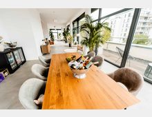 Moderner Gemeinschaftsraum mit großem Holztisch, umgeben von gepolsterten Stühlen. Im Raum stehen zahlreiche Pflanzen, daneben große Fensterfronten mit Blick auf eine Terrasse und benachbarte Gebäude.