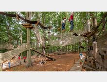 Ein Kletterpark im Wald mit Hängebrücken, Seilen und Plattformen, die zwischen Bäumen angebracht sind. Menschen mit Sicherungsausrüstung klettern und balancieren, während andere am Boden stehen; der Boden ist mit Holzspänen bedeckt und von hohen Bäumen umgeben.