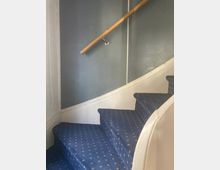 Treppe mit blauem Teppichboden, der ein gepunktetes Muster aufweist. Die Wand ist in Blau gestrichen, und ein Holzhandlauf ist an der Wand befestigt.
