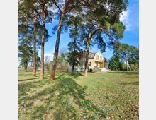 Gelbes zweistöckiges Haus mit rotem Dach und einem Säuleneingang, umgeben von hohen Kiefern und einer weitläufigen Wiese, auf der kleine Blumen wachsen; im Hintergrund weitere Bäume und blauer Himmel.