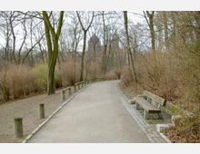 Ein Weg in einem Park mit schlanken, laubfreien Bäumen und kahlen Sträuchern, flankiert von Holzpfosten auf der linken Seite. Rechts am Wegesrand steht eine Holzbank, und im Hintergrund sind schemenhaft die Spitzen eines Gebäudes sichtbar.