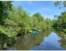 Flusslandschaft mit dichter grüner Vegetation am Ufer, darunter Weidenbäume, die sich im Wasser spiegeln. Mehrere bunte Tretboote liegen am rechten Ufer vor Anlegeplätzen, unter einem blauen Himmel.