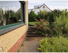 Ein Außenbereich mit einer Hauswand aus Putz und Backstein sowie einem großen Fenster, das in einen Innenraum mit weißen Vorhängen und einer Lampe blicken lässt. Im Vordergrund befinden sich Stufen, umrahmt von blühenden Sträuchern und hohen Gräsern, mit einer Rasenfläche und einem weißen Haus im Hintergrund.