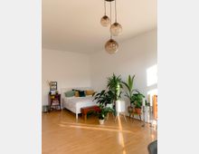 Helles Schlafzimmer mit Holzboden, einem weißen Bett mit bunten Kissen, vielen Zimmerpflanzen auf verschiedenen Ständern und Möbeln sowie einer Hängelampe mit drei runden Glaskugeln an der Decke. Im Hintergrund stehen ein kleines Regal mit Büchern und weitere Dekorationsgegenstände.