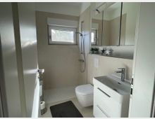 Ein modernes, helles Badezimmer mit beigen Wänden und einem kleinen Fenster. Zu sehen sind ein wandmontiertes WC, ein Waschbecken mit Schubladen darunter, ein Spiegel mit integriertem Stauraum und eine offene Dusche mit einer Handbrause.