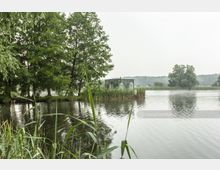 Ein ruhiger See mit Schilf und Bäumen am Ufer; im Hintergrund steht ein kleiner Pavillon mit großen Fenstern auf einer Landzunge. Der Himmel ist bewölkt, und die Umgebung wirkt neblig.
