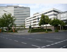 Großes Straßenkreuz mit Ampeln, umgeben von modernen Bürogebäuden mit weißen Fassaden und zahlreichen Fenstern; im Vordergrund Gehwege, Straßenschilder und Bäume entlang der Straße.