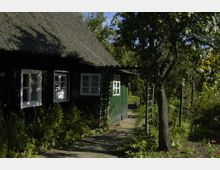 Ein kleines, dunkelgrünes Holzhaus mit weißen Fensterrahmen und einem Reetdach steht in einem dicht bepflanzten Garten mit Bäumen, Blumen und einem schmalen Steinweg, der von einem Rankgitterbogen gesäumt ist.