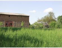 Backsteinbau mit rotem Torbogenfenster und grauem Ziegeldach, umgeben von einer großen Wiese und blühenden Sträuchern; im Hintergrund sind Bäume und ein klarer Himmel zu sehen.