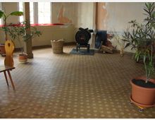 Ein einfacher Raum mit gemustertem Linoleumboden, teilweise abblätternden Wänden und großen Fenstern. Im Vordergrund stehen Topfpflanzen, während in der Ecke ein runder Kaminofen auf einer Metallplatte vor Brennholz und einem Korb platziert ist.