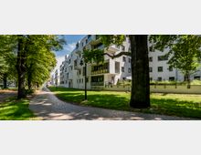 Moderne Wohngebäude mit weißen Fassaden und zahlreichen Balkonen, umgeben von großen Bäumen und einer gepflegten Grünfläche. Ein gepflasterter Weg mit einer Straßenlaterne verläuft parallel zu den Gebäuden.