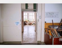 Blick durch eine geöffnete Doppeltür in ein Studio mit dem Schriftzug „Studio Elf“ auf der linken Tür. Im Hintergrund ein heller Raum mit großen Fenstern, Pflanzen, verschiedenen Möbeln und Arbeitsplätzen; rechts stapeln sich Stühle in einer roten Transportkiste.