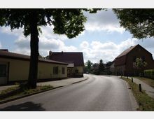 Straßenszene in einem Wohngebiet mit Einfamilienhäusern, Vorgärten und Gehwegen auf beiden Seiten. Im Vordergrund steht ein großer Baum, und die Straße windet sich leicht nach rechts; der Himmel ist bewölkt mit Sonneneinstrahlung.
