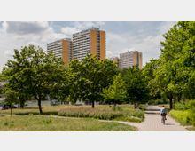 Ein Park mit gepflastertem Weg, gesäumt von Bäumen und Wiesenflächen, im Vordergrund eine Person auf einem Fahrrad. Im Hintergrund sind mehrere hohe Wohngebäude in orange-weißer Fassadengestaltung zu sehen.