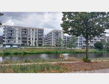 Mehrstöckige moderne Wohngebäude mit Balkonen stehen entlang eines Flusses, der von Grünanlagen und einem Gehweg gesäumt ist. Im Vordergrund befinden sich ein Baum und Pflanzen, während der Himmel bewölkt ist.