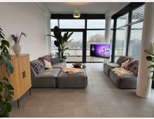 Modernes Wohnzimmer mit zwei grauen Sofas, dekoriert mit Fell- und Stoffkissen, einem Holzschrank links und Pflanzen im Raum. Großflächige Fenster bieten Blick nach draußen, und ein Fernseher steht auf einem Ständer vor der Glasfront.