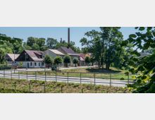 Mehrere Wohnhäuser mit Satteldächern in einer ländlichen Umgebung, umgeben von Bäumen. Im Hintergrund ragen Industrieschornsteine hervor, und im Vordergrund ist ein Zaun mit angrenzender Straße sichtbar.